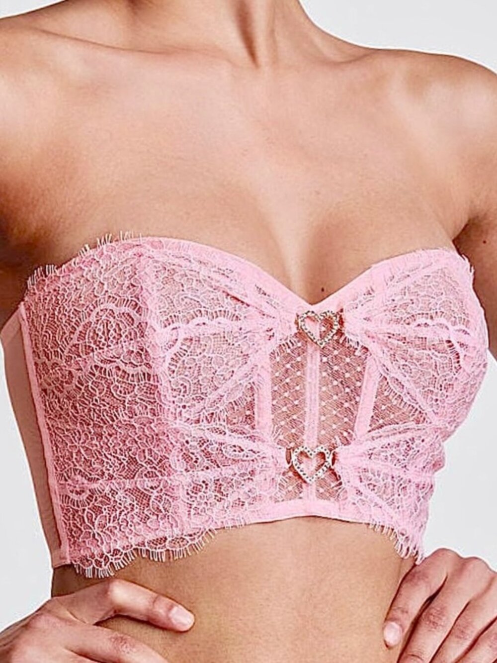Victoria’s Secret Pink Lace Corset Top Heart Rhinestone Bustier Small